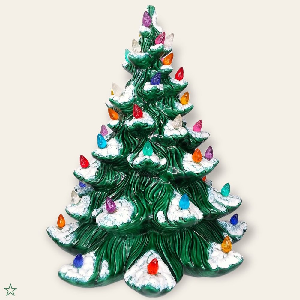 Vtg 70s Atlantic Mold Ceramic Flocked Christmas Tree Green 16.5in Tall NO BASE